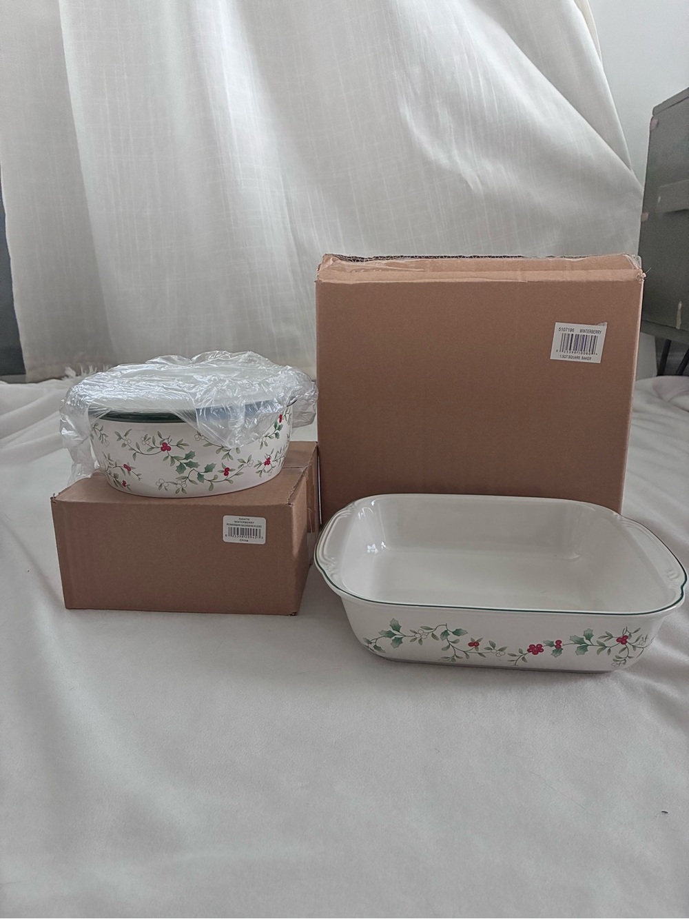 Pfaltzgraff White Ceramic Floral Serving Dishes with Green and Red Accents